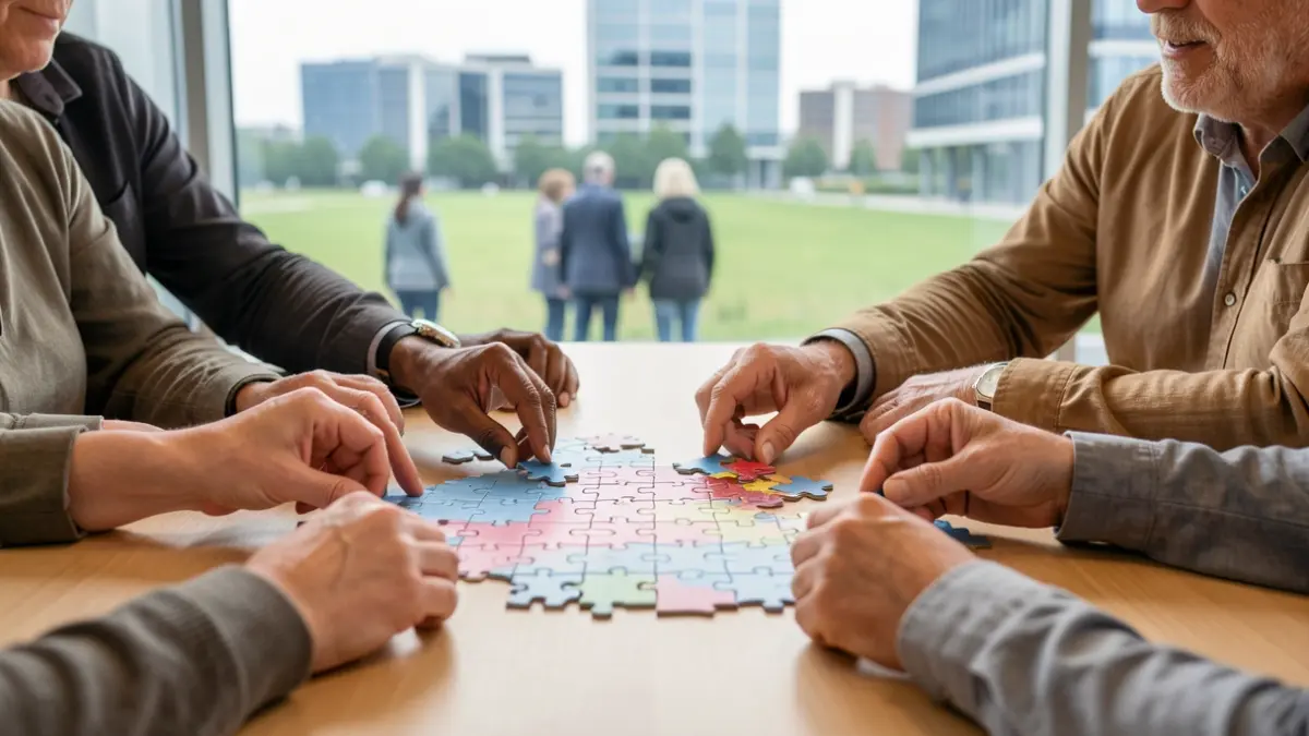 Generic image of hands coming together to form a puzzle of Flanders, with blurred office buildings and fields in the background.