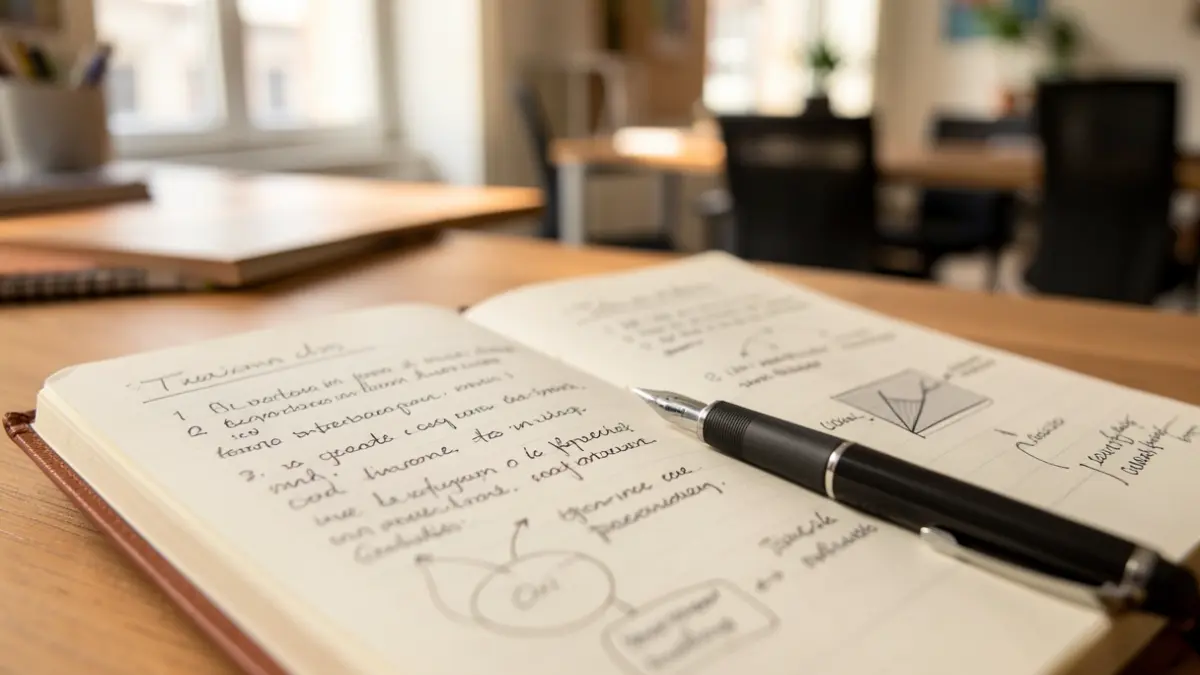 Gedetailleerde afbeelding van een notitieboek met handgeschreven ideeën en een pen, in een warme, natuurlijke lichtinval.