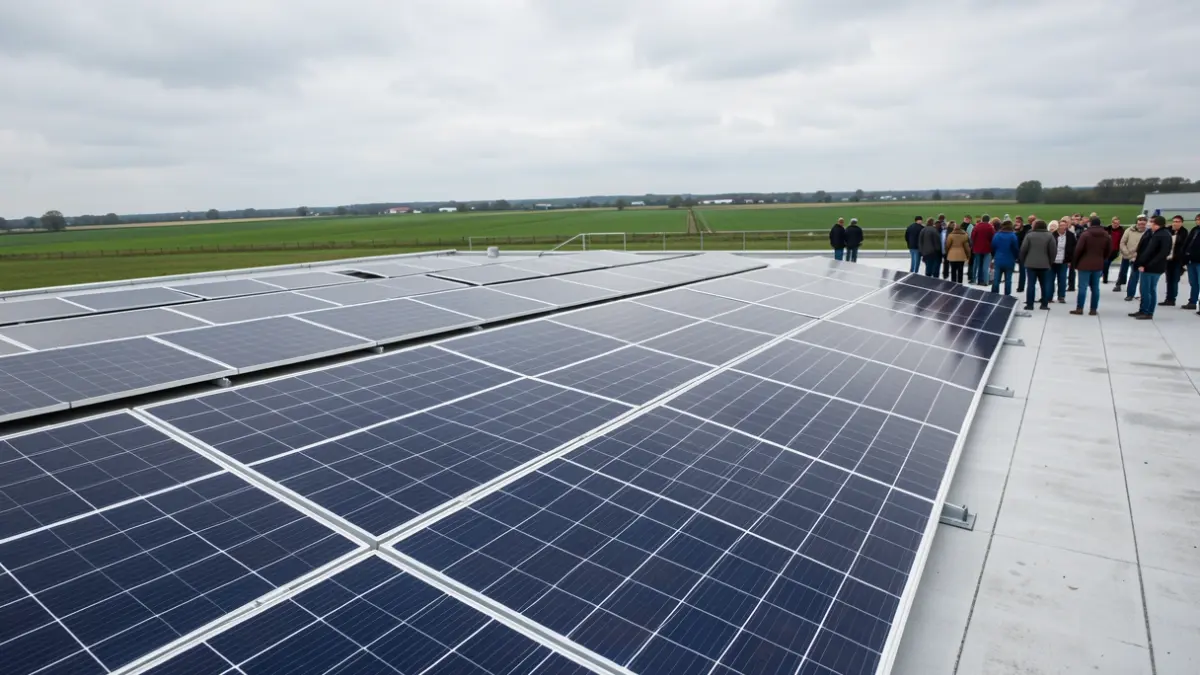Generieke afbeelding van zonnepanelen op een industrieel dak in Vlaanderen, met op de achtergrond groene velden onder een bewolkte hemel.