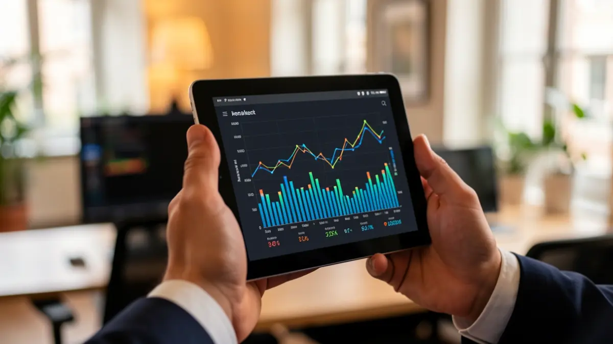 Generic image of a hand holding a tablet displaying energy consumption graphs, with a blurred office background.