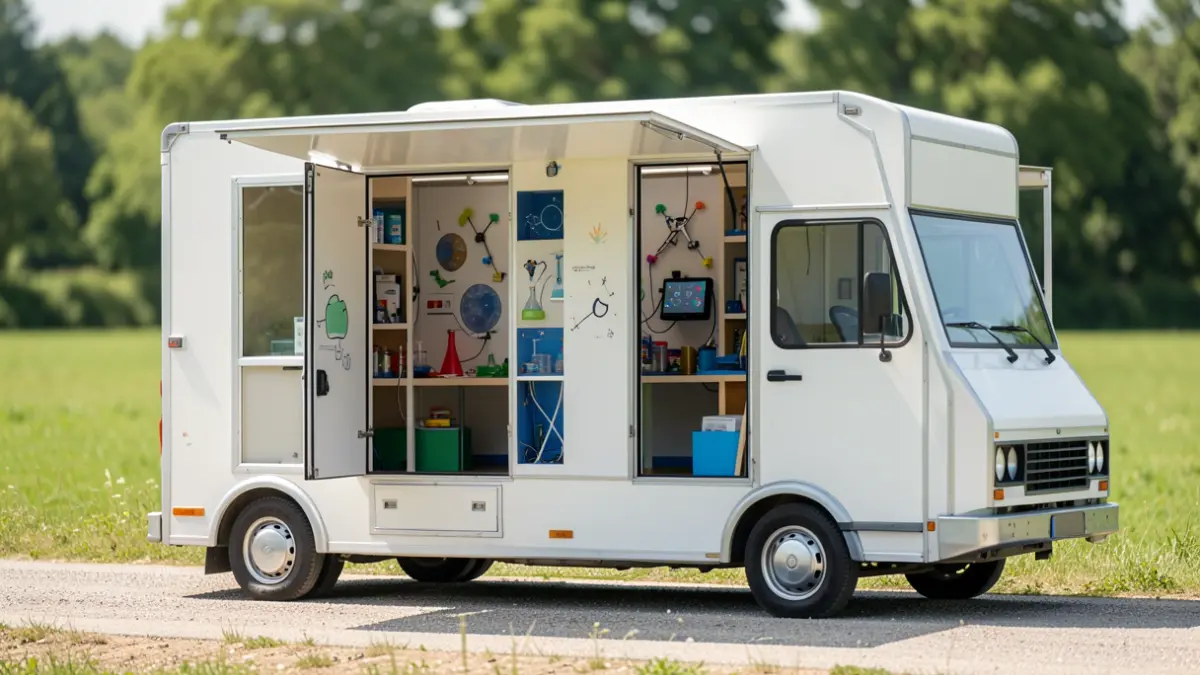 Generieke afbeelding van een mobiele STEM-truck met interactieve wetenschappelijke demonstraties, geparkeerd in een zonnige buitenomgeving.