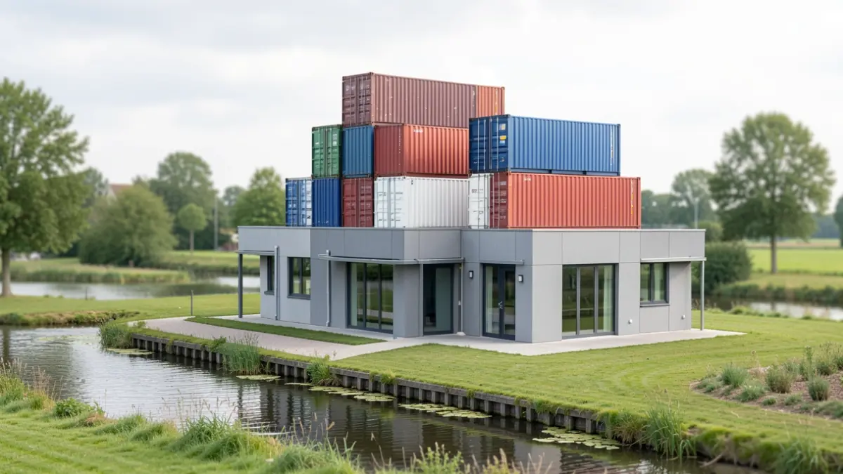 Generieke afbeelding van een modern gebouw met scheepscontainers op het dak, gelegen aan een kanaal in Vlaanderen.
