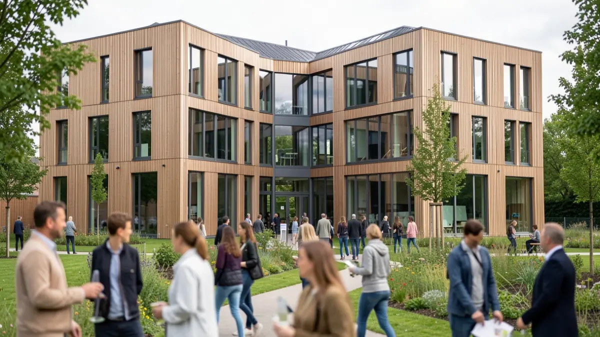 Modern, multi-story R&D building with large windows and a central atrium, designed with sustainable materials. The building is situated in a green science park environment in Flanders, with blurred figures of people interacting in the foreground.