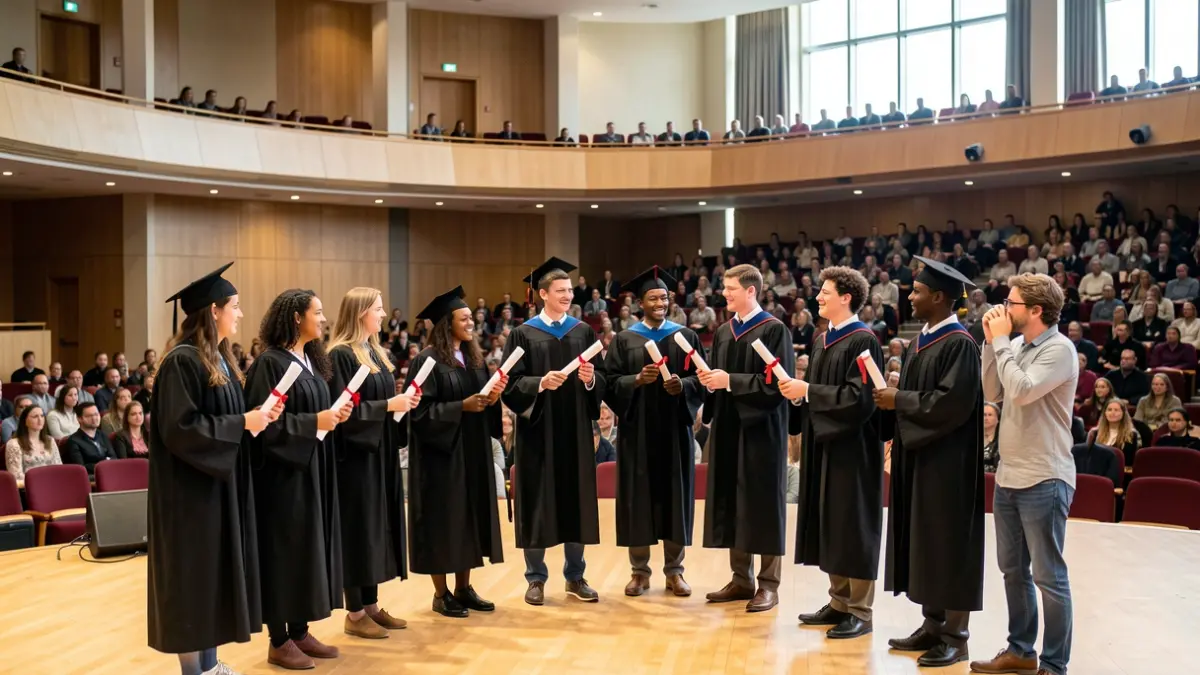 Generic image of students receiving their diplomas in a large auditorium.