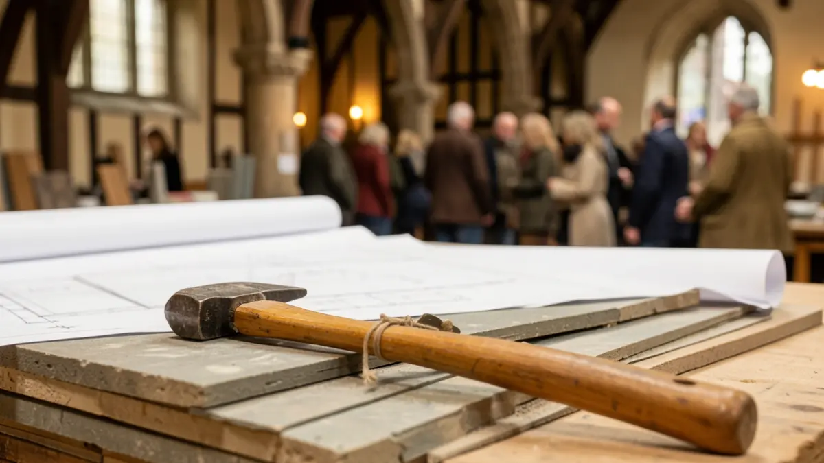 Generieke afbeelding van bouwgereedschap op bouwmaterialen, met wazige blauwdrukken op de achtergrond.