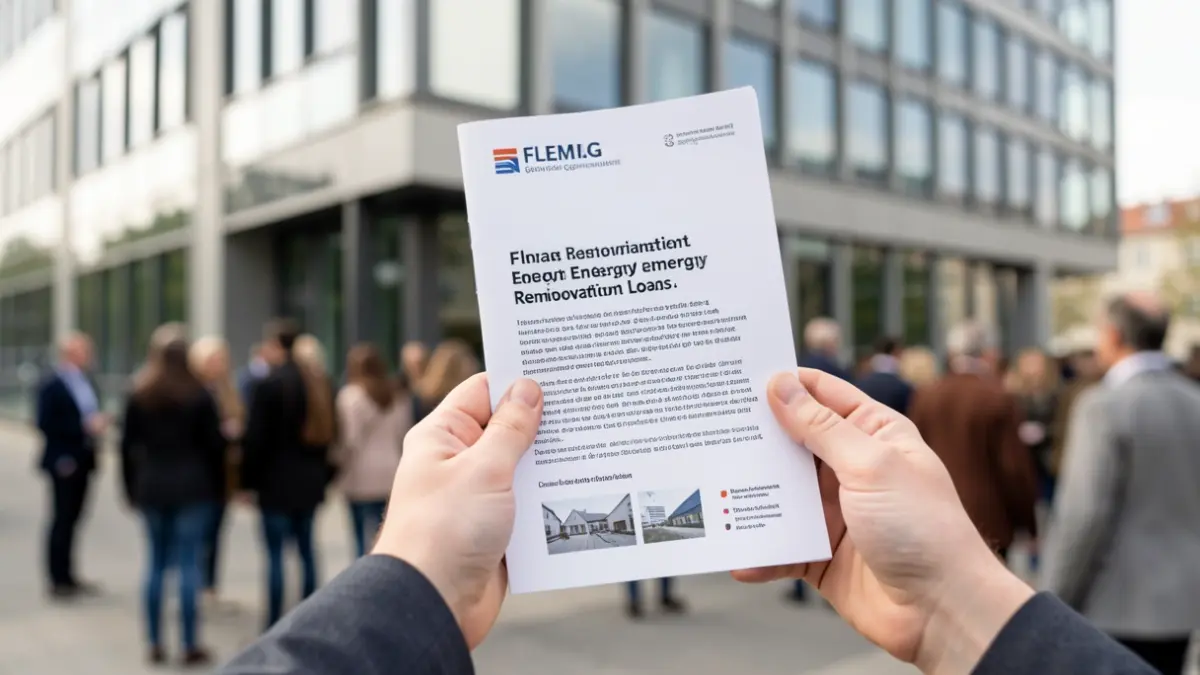 Close-up van een hand die een brochure van de Vlaamse overheid vasthoudt over energie-renovatieleningen, met een wazige achtergrond van een moderne kantoorgevel.