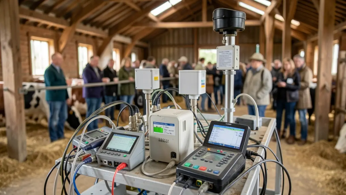 Close-up of agricultural research equipment in a naturally ventilated stable.