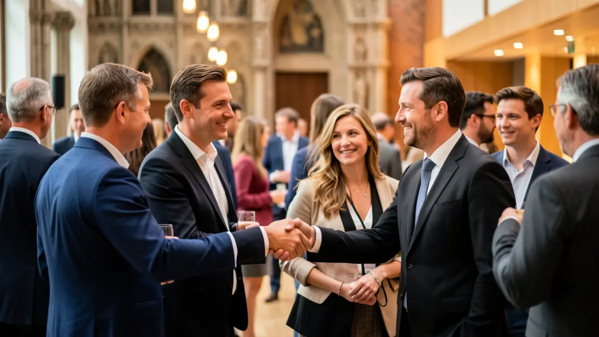 Generic image of a business reception in a modern venue with Flemish architectural elements in the background.