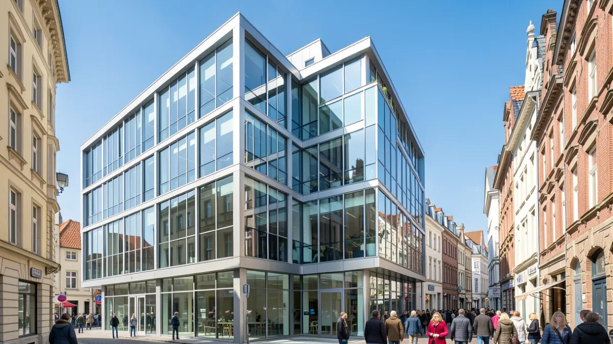 Generieke afbeelding van een modern kantoorgebouw in een Vlaamse stad, met strakke lijnen en glazen elementen. Helder daglicht, blauwe lucht.