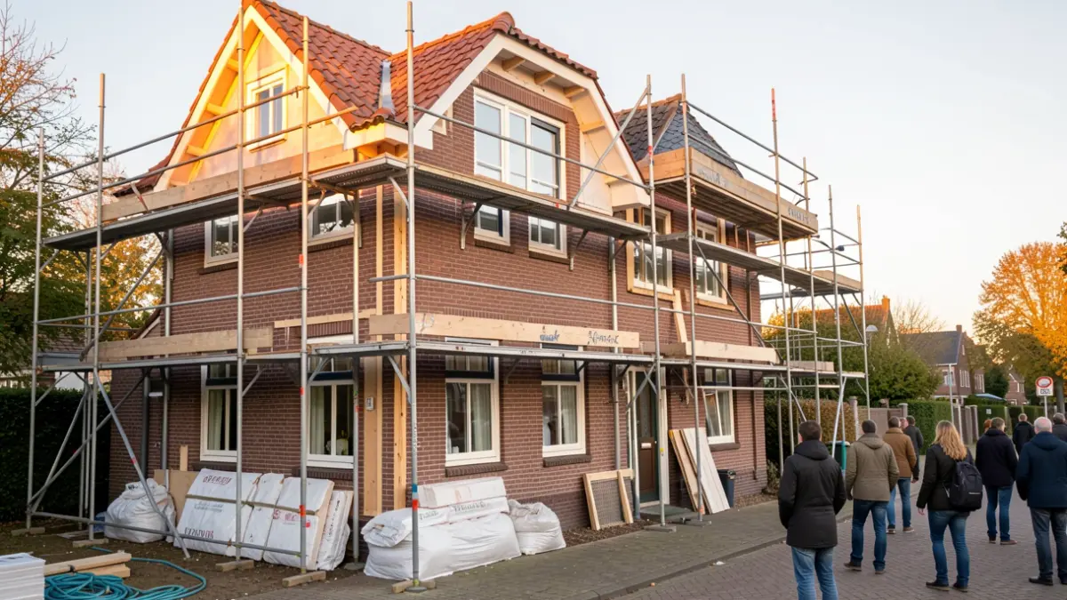A Flemish house undergoing renovation, focusing on energy efficiency with scaffolding and insulation materials.