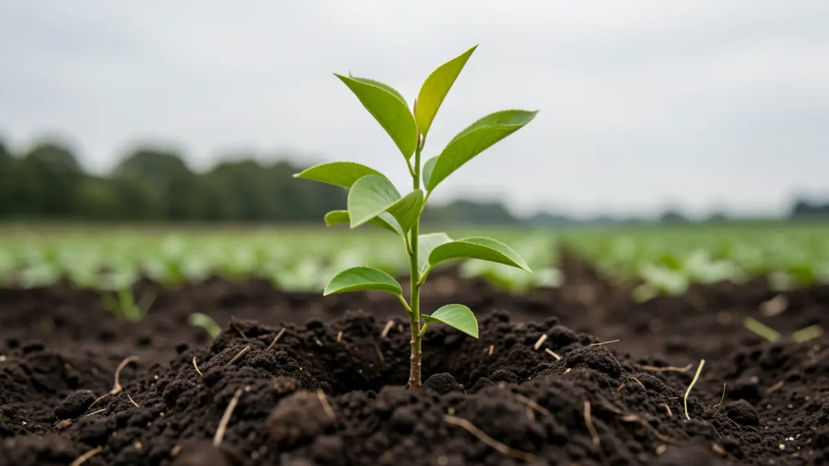 Generieke afbeelding van een jonge fruitboomplant in de Vlaamse aarde, met een agrarisch veld op de achtergrond.