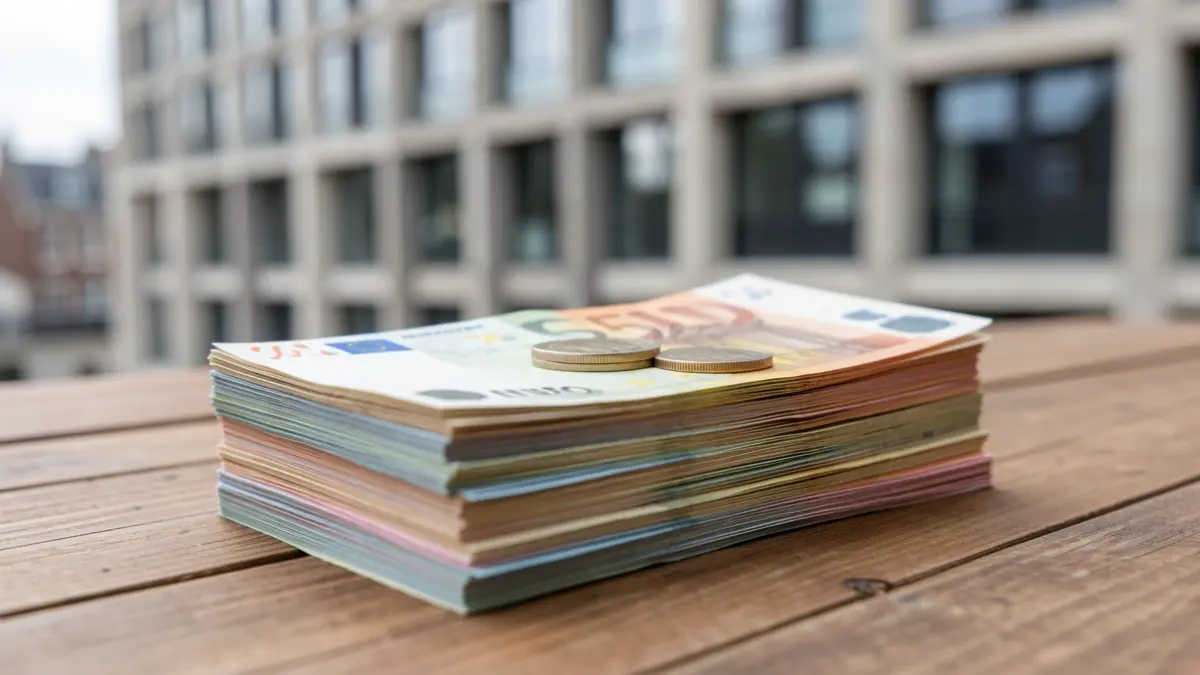 Generic image of Flemish Euros on a wooden table with a blurred background of a modern building.
