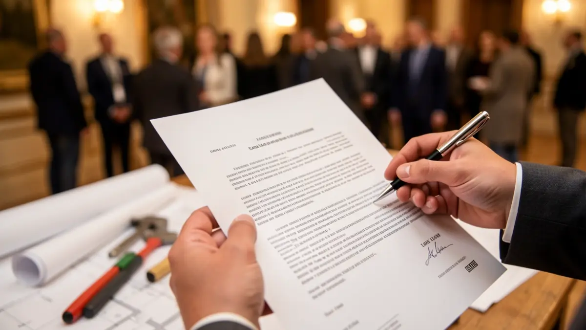 Close-up of a hand holding a loan document with a pen, with blurred background showing architectural blueprints and renovation tools, warm ambient lighting, shallow depth of field. Focus on the document and pen.