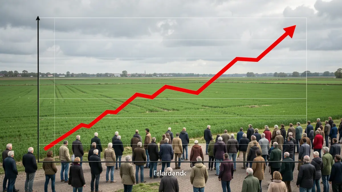 Generic image of a declining labor market graph against a green Flemish landscape with a cloudy sky.