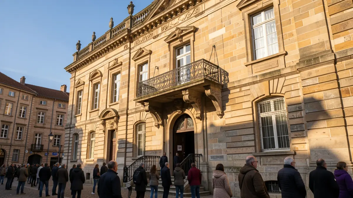 Generieke afbeelding van een Vlaamse stadhuisgevel in steen met een sierlijk balkon en ijzeren balustrades, badend in het warme middagzonlicht dat schaduwen werpt op de zandstenen muren, onder een heldere blauwe hemel.