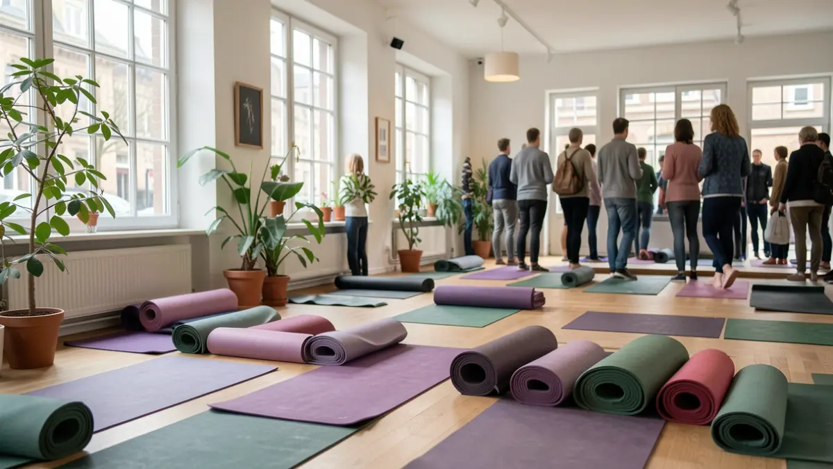 Generieke afbeelding: met opgerolde yogamatten op de vloer en zacht natuurlijk licht dat door grote ramen valt.