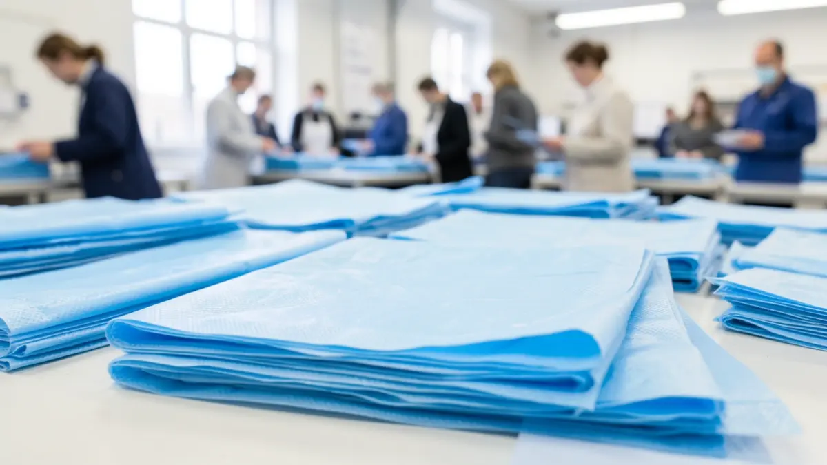 Generic image of blue polypropylene sterilization cloths being folded and prepared for transport in a clean, bright workshop setting.